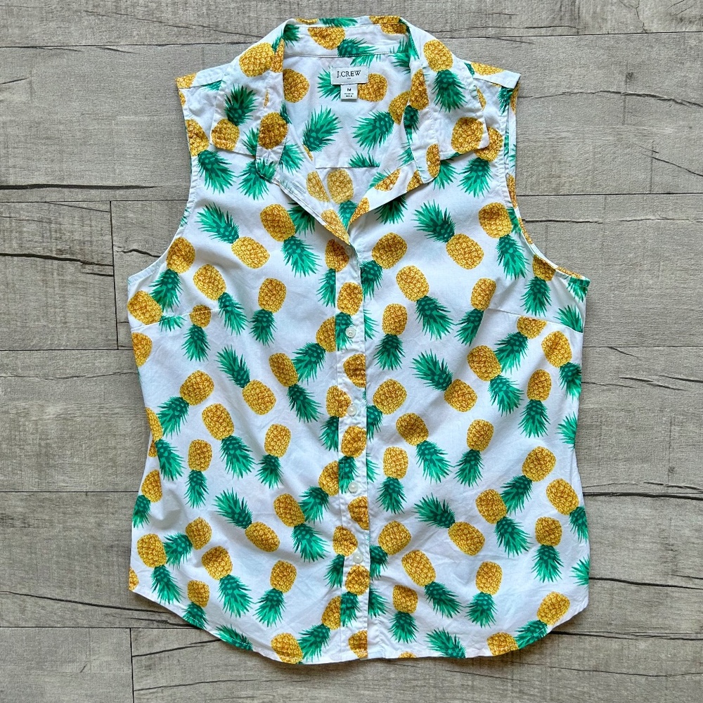 J. Crew Cotton PINEAPPLE Tropical Sleeveless Button Down Retro Fruit Blouse M